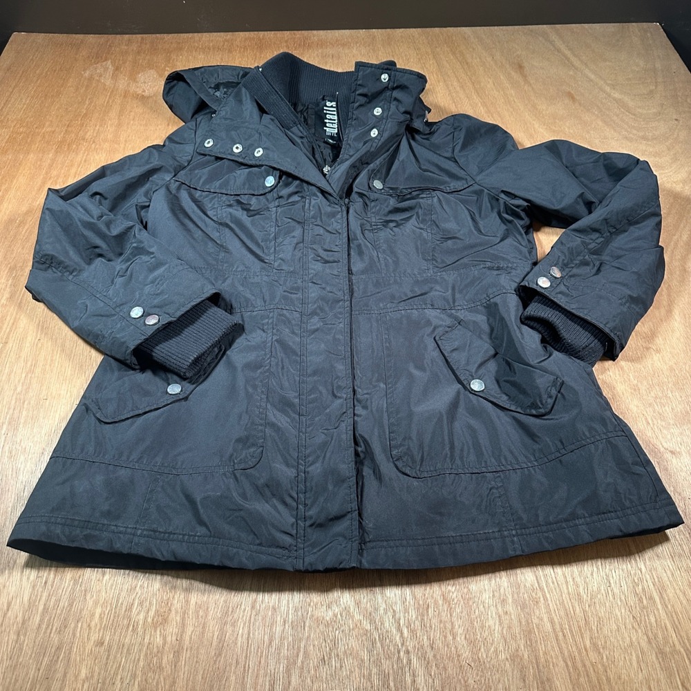 Details Intl Parka Jacket Womens Large Black Hooded Utility Full Zip Coat